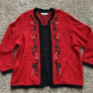 Vintage Cathy Daniels Red Embroidered Top Floral Bouclé Faux Cardigan 1X–2X NWOT